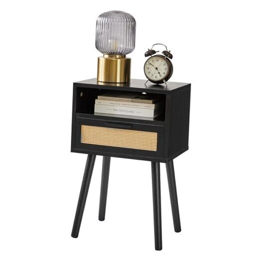 Rattan Nightstand, Boho Side Table with Drawer Open Shelf, Wood Accent Black