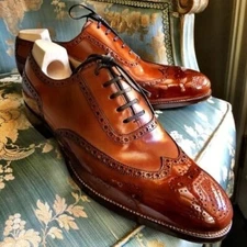 Men's Handmade Brown Leather Wingtip shoes Brogue Lace Up Formal Dress Shoes