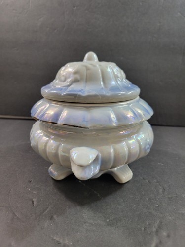 Vintage Blue Lusterware Footed Tureen w/Lid & Handles Pink Floral Motif 6" - Picture 4 of 12