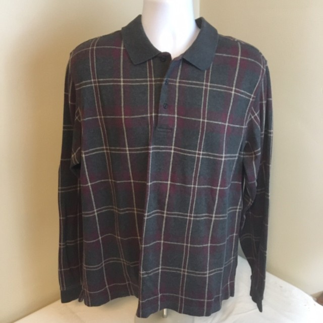Lands' End Mens Long Sleeve Polo Shirt Large Green Red Gray Plaid Free