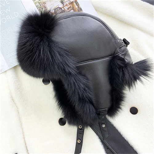 Men's Real Fox Fur Hat Russian Trapper Hat Ushanka Cossack Real Leather Ski Cap - Picture 5 of 11