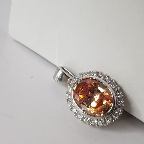 Sterling Silver 925 Designer Peach Amber CZ Gemstone Pave Set Oval Pendant - Picture 8 of 21
