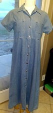 Vintage Denim Dress Long Blue Short Sleeve Country Elegance Kisses M Pockets 