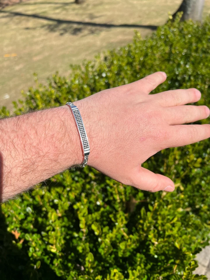 Men Byzantine Presidential ID Bracelet Real 925 Silver Ice Black CZ HipHop - Image 3 of 4