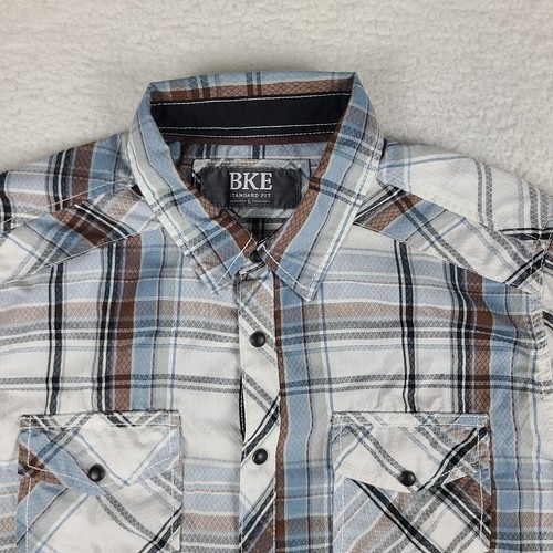Buckle Western Snap Shirt Mens Large Blue Brown Plaid Standard Fit Button Down - Picture 3 of 12