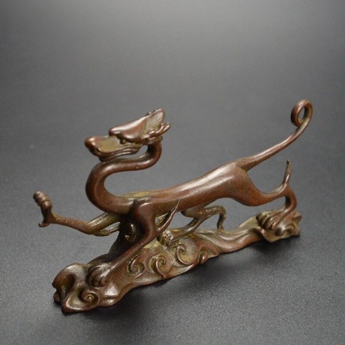 Exquisite Chinese handicraft Retro dragon Metal statue pen holder copper decor - Picture 3 of 11