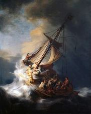 Art Oil painting Rembrandt - Christ on sail boat with huge ocean waves - storm