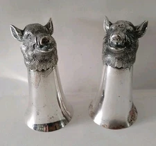 Pair Of Valenti Silver Plated Boar Head Stirrup Cups ~ Made In Spain