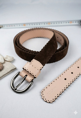  MEXX Women's Belt Leather & Suede Scalloped Edge Beige Brown Vintage Style
