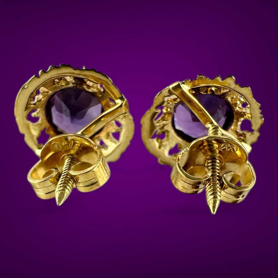 Vintage 18K Yellow Gold Amethyst Floral Stud Earrings Screw Back 2.2g 10.8mm - Image 4 of 4