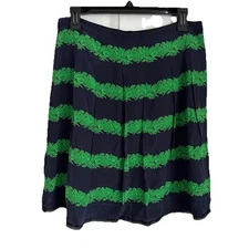 J.Crew Pleated Silk Skirt Navy Green Beanstalk Stripe Womens Sz 6 Office Preppy
