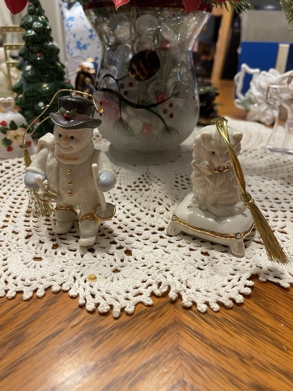 2 Lenox porcelain Christmas Ornaments. Snowman 4 in And Cat 3 In Tall Both For 2