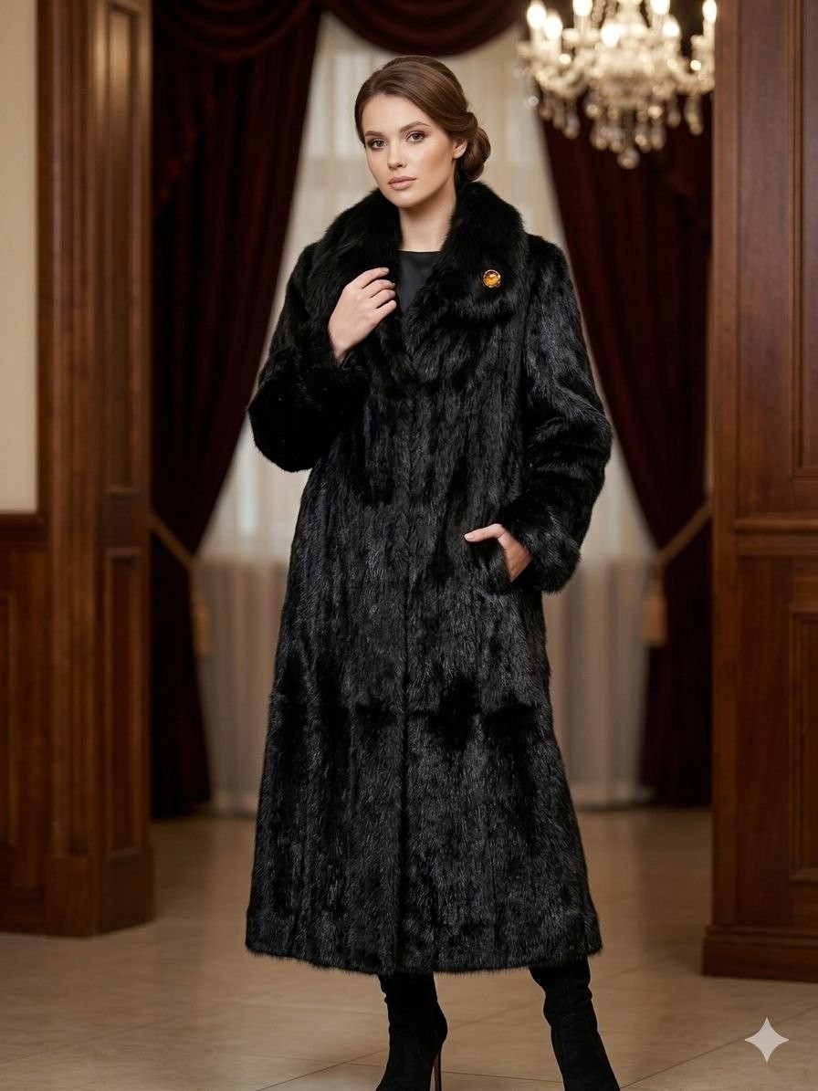 luxurious long women's fur coat made of natural nutria fur, size L