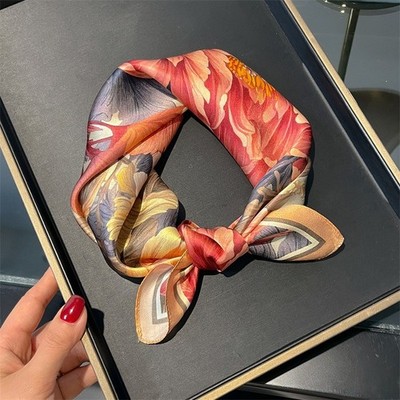 100% Silk 21'' Square Scarf Women Neckerchief Wrap Kerchief Bandana Red Flowers
