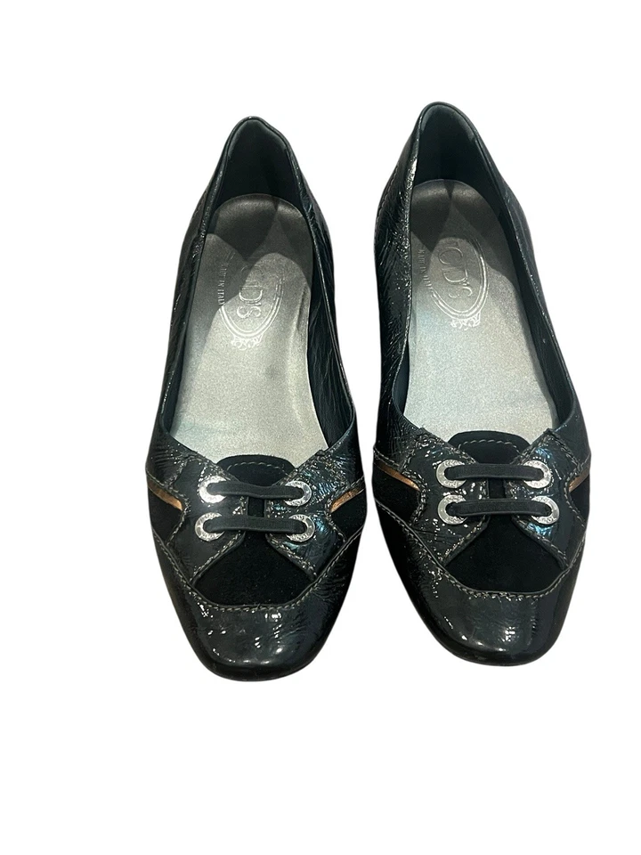 De colección Para Mujer Tod's Negro Gamuza/Patente Cuero Conducción Ballet Planos Ojales 37 Foto 2 de 4