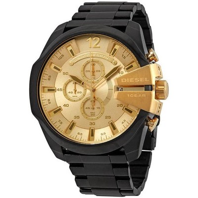 Diesel DZ4485 Mega Chief Men's Black Stainless Gold Dial Chrono Watch 59X51mm