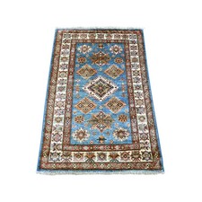 2'9"x4'1" Blue Afghan Super Kazak Hand Knotted Pure Wool Sample Mat Rug 22004