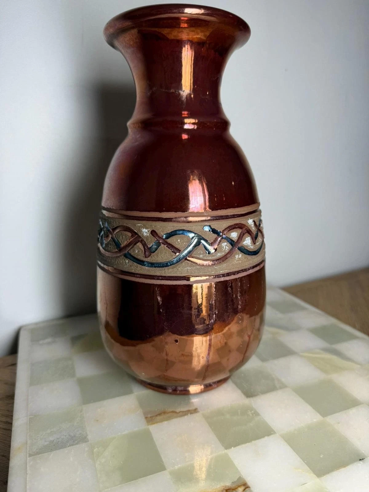 Vintage Copper Lustreware Vase with Celtic Knot Relief Design