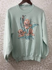 Vintage 80s 90s Women  s M L Mint Green Lillies Flower Screen Print Sweatshirt