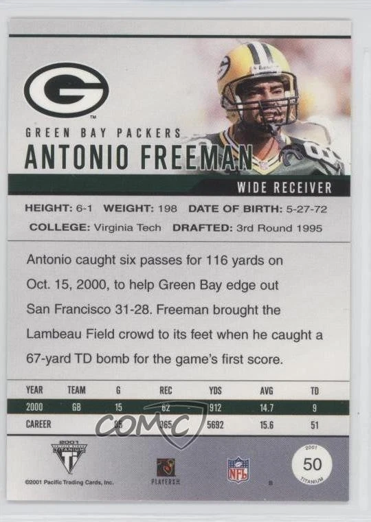 2001 Pacific Private Stock Titanium Red /58 Antonio Freeman #50 - Image 2 of 2