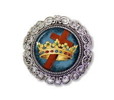 NEW DESIGN Spiritual Religious Cross and Crown Handmade Round Scroll BROOCH