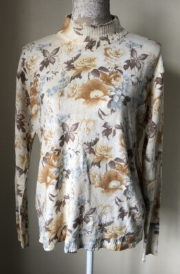 Daxon Floral Knit Jumper UK 18 Beige High Neck Lightweight Stretch Pullover