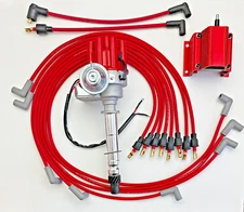 CHEVY 327 350 RED FEMALE Small HEI Distributor + Coil + PLUG WIRES under exhaust