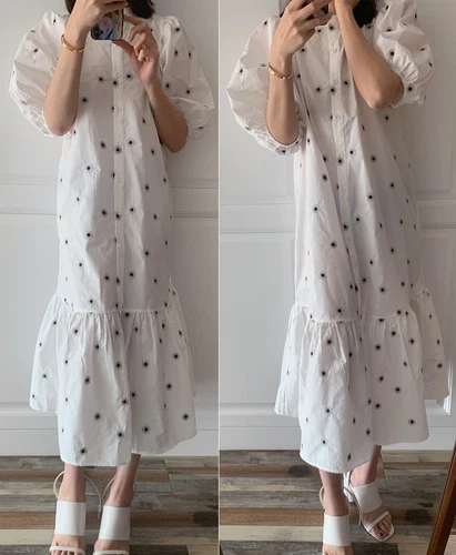 ZARA OYSTER WHITE PUFF SLEEVE MARIE FLORAL EMBROIDERED POPLIN RUFFLED MIDI DRESS - Picture 9 of 24