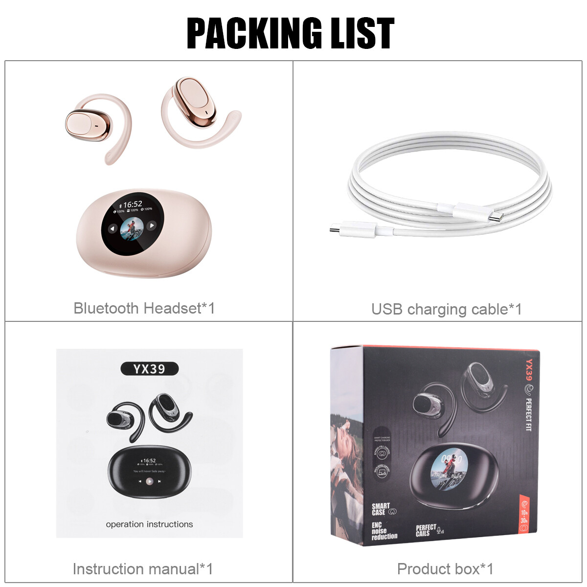 LCD HD screen Over The Ear Earbuds Bluetooth Wireless Multi language switching.