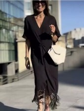 ZARA BLACK LINEN BLEND RUSTIC FRINGED DRESS WITH GATHERED FRONT SIZE M BNWT