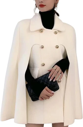 Damen Poncho Zweireiher Schlitz Ärmel fließend Wollmischung Elegant Cape Umhang Coa - Bild 12 von 47