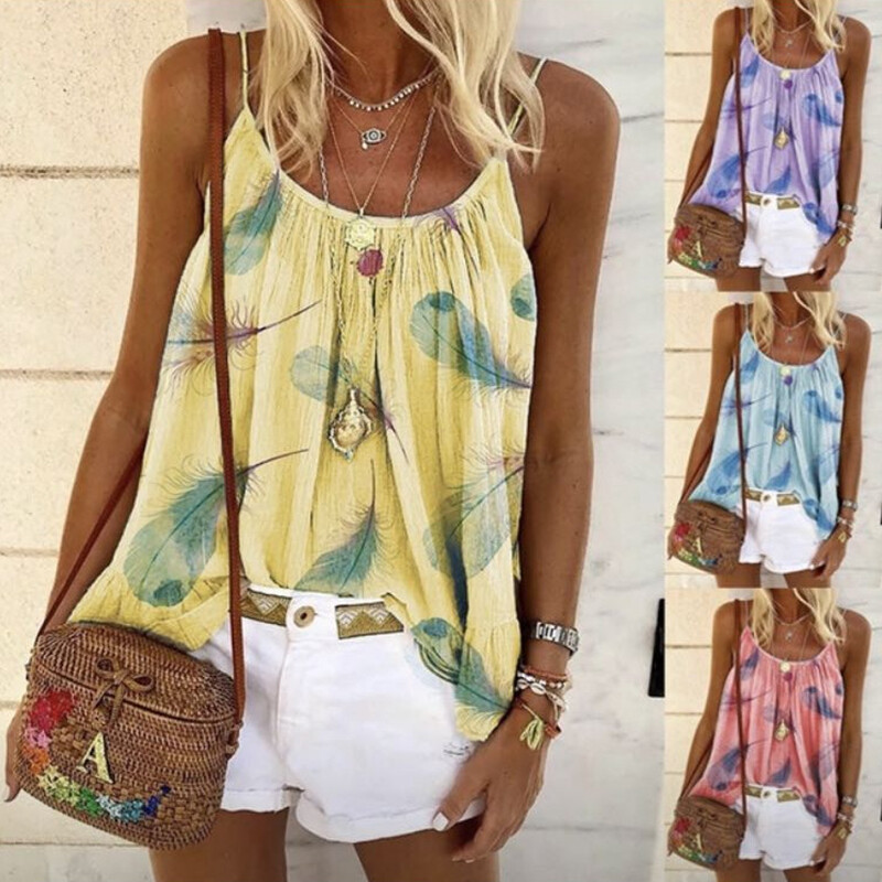 Women's Loose Polyester Sleeveless Round Neck Sling T-Shirt for Summer