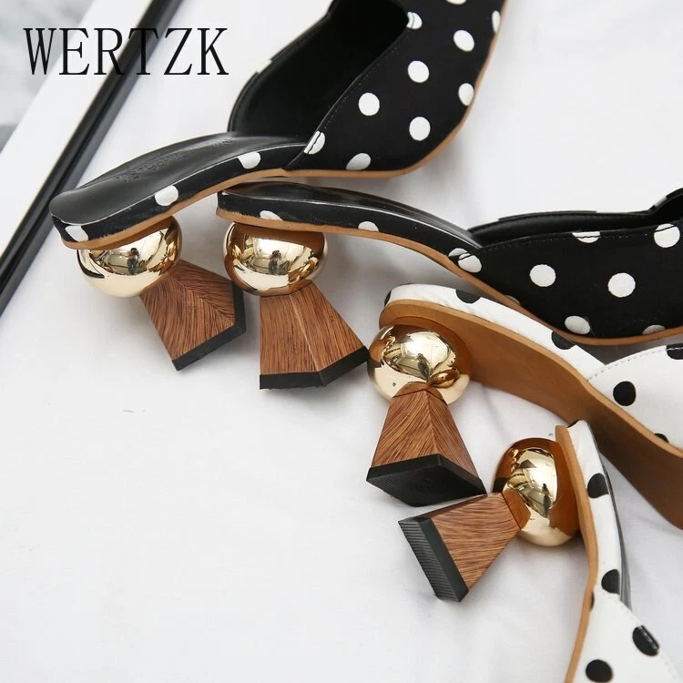 High Heel Slippers PointedToe Shoes Woman Mules Shoes Black White Dot Metal Heel - Image 3 of 4