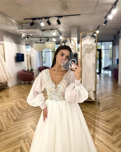 Elegant Satin Wedding Dresses Woman's Appliques Sexy V Neck Puff Sleeve Elegant Bride Gowns