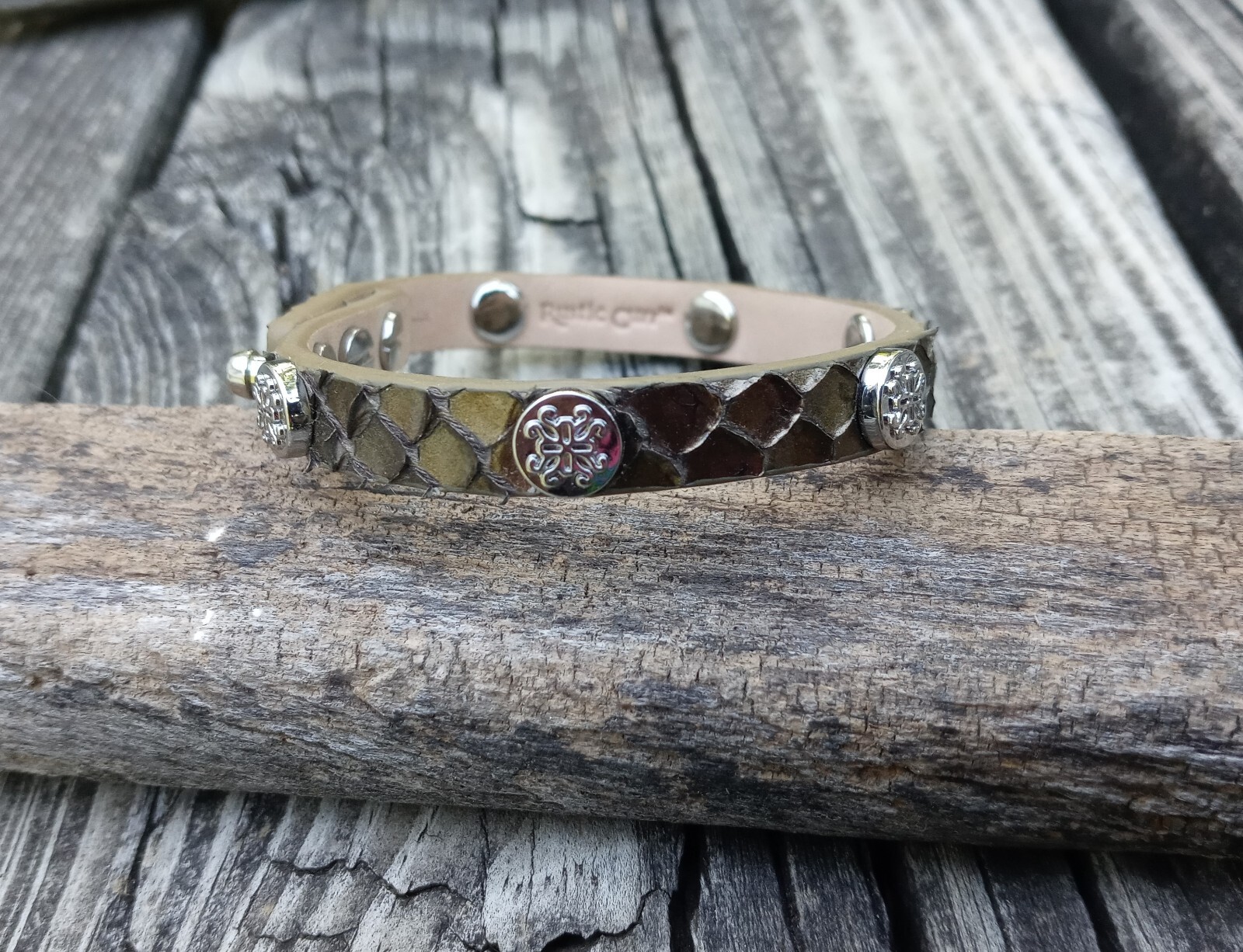 Rustic Cuff Bracelet Olive Green Python Leather W… - image 5
