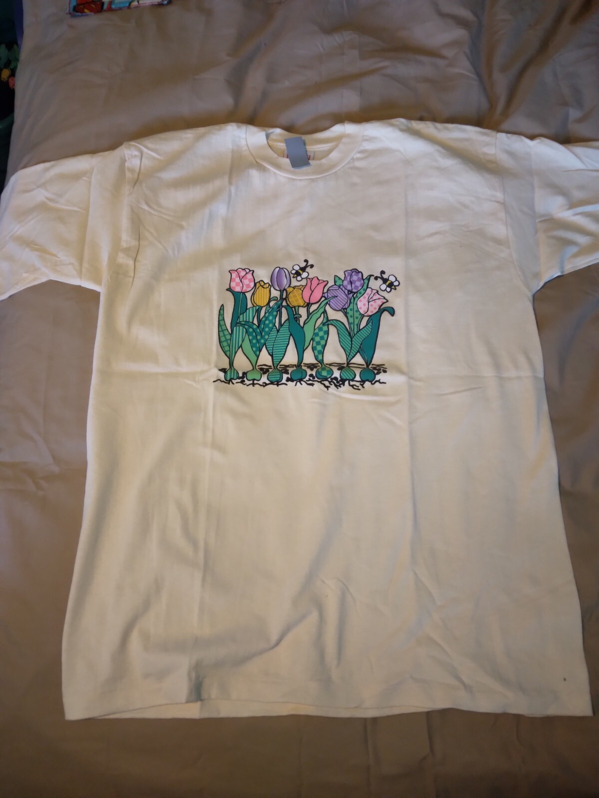 T shirt adulto L beige con stampa fila di tulipani 273796