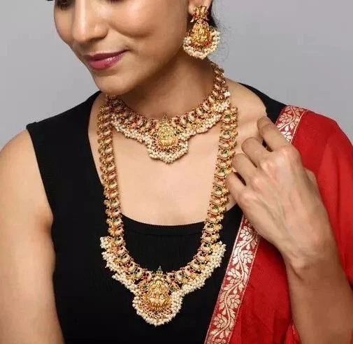 Bollywood Stil Vergoldet Halsband Ohrringe Tempel Indisch Schmuck Sets