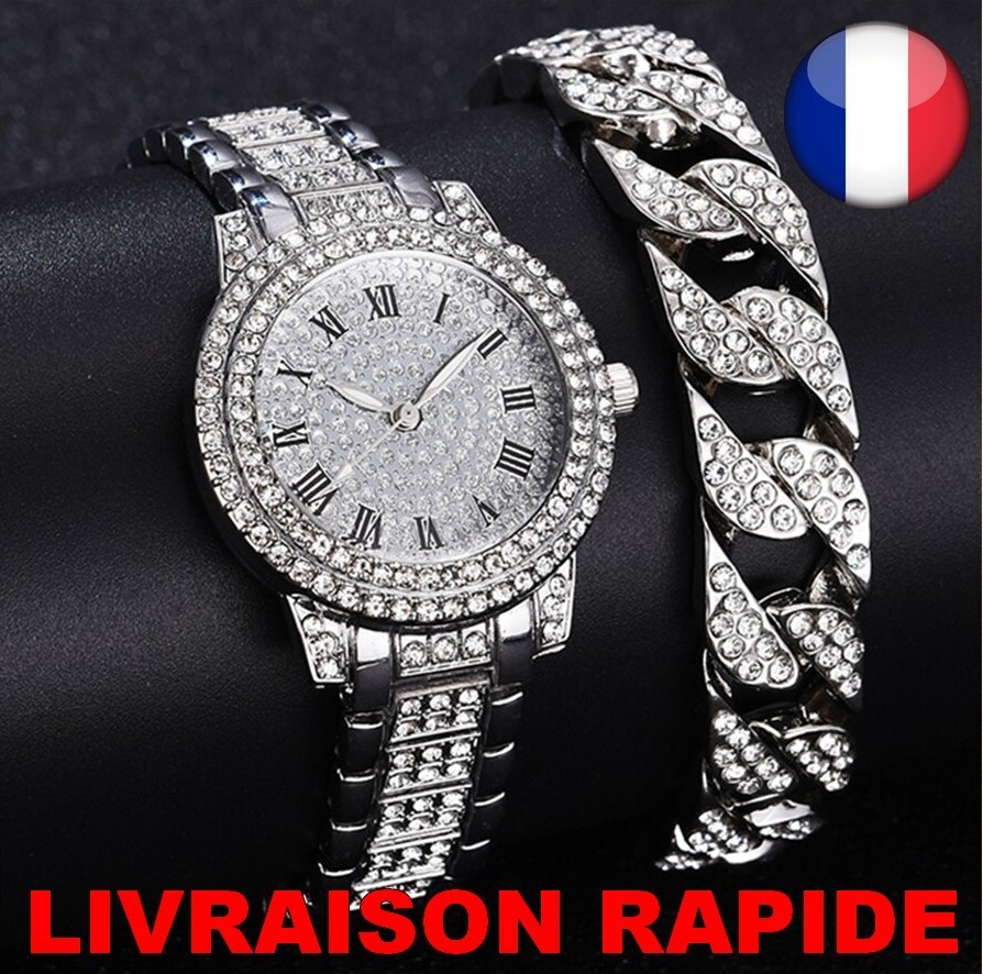 Montre Strass Diamant Femme Bracelet Argent Bijoux Chaine