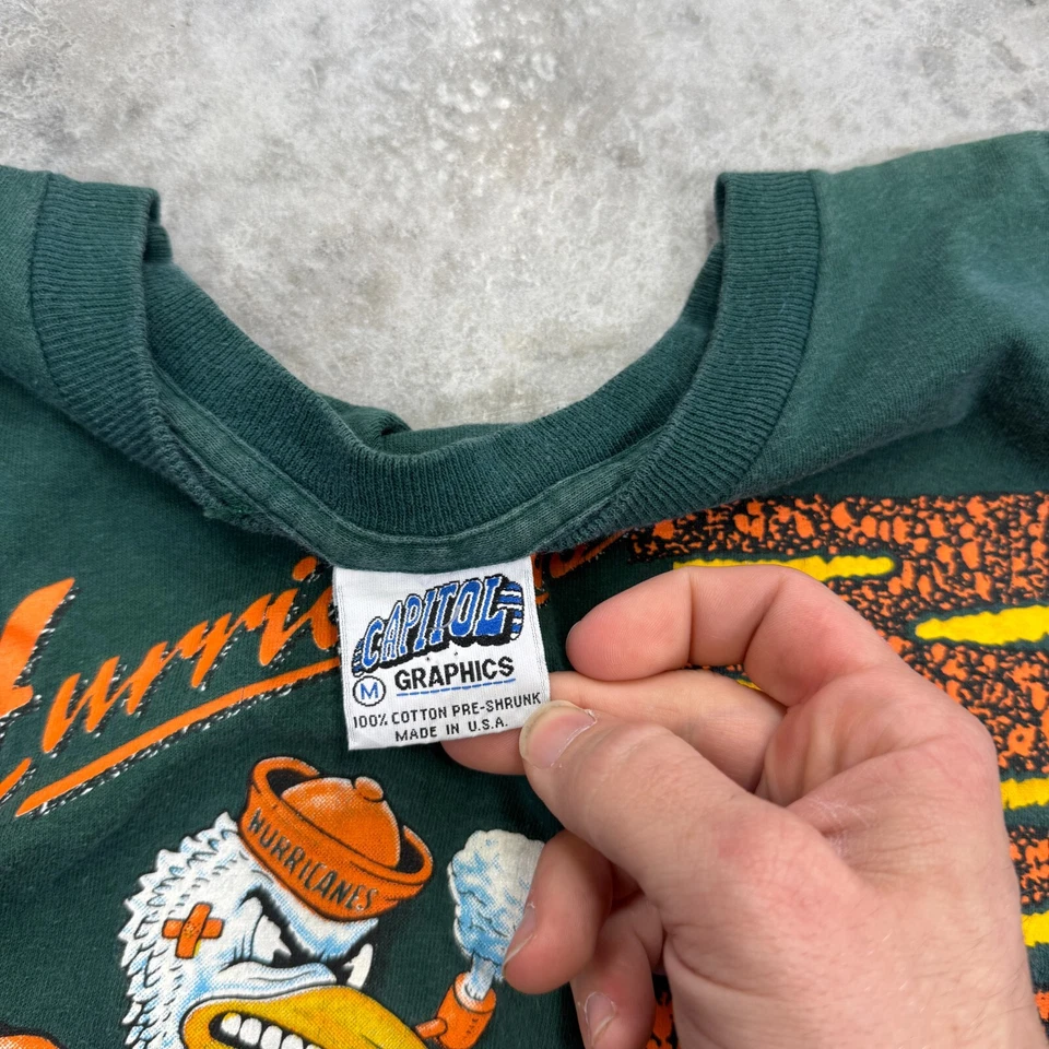 Vintage Miami hurricanes t shirt mens Medium 90s green distressed Football rare - Image 4 of 4