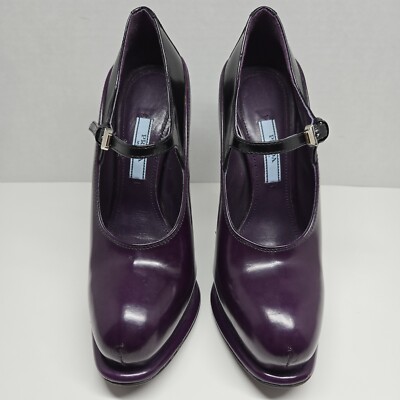 Prada Purple Black Patent Leather Strap Maryjane Heels Size