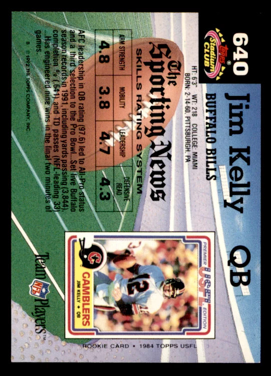 1992 Stadium Club Jim Kelly card #640 Buffalo Bills - Image 2 of 2