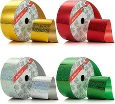 4 Rolls Wrapping Shiny Waterproof Ribbon, 2 Inch x Green, Silver, Red, Gold