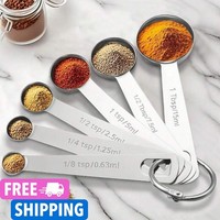 6Pcs Stainless Steel Measuring Spoons Silver Kitchen Teaspoon Tablespoon Scoop
