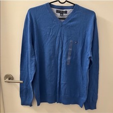 TOMMY HILFIGER V-Neck Classic Sweater - Men's Size Large - Blue - 100 Cotton
