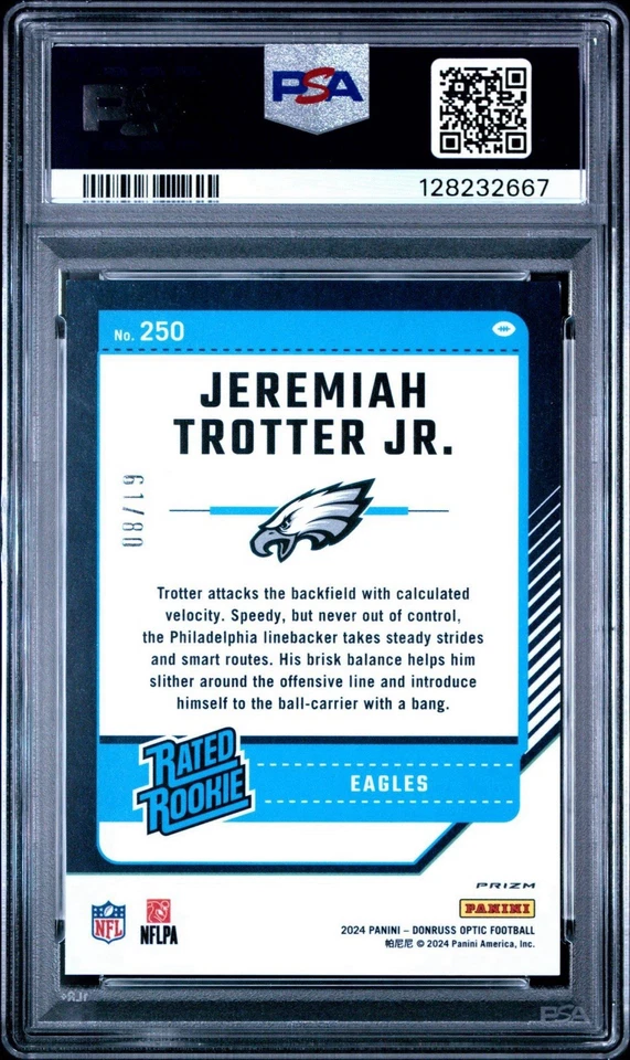 2024 Donruss Optic Rated Rookie Jeremiah Trotter Jr. Pink Velocity PSA 9 POP 1 - Image 2 of 2