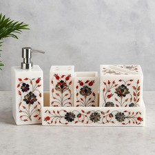 White Marble Bathroom Set with Lapis Lazuli Inlay - 5 Piece Luxury Decor