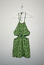 Zara Mini Dress M Retro Swinging 60s Halterneck Tie Cut Out Detail Green Swirl