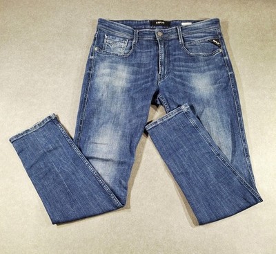 RRP £120 Replay Mens Anbass Jeans W34 L32 Cotton Stretch Blue Zip Taper Tunisia