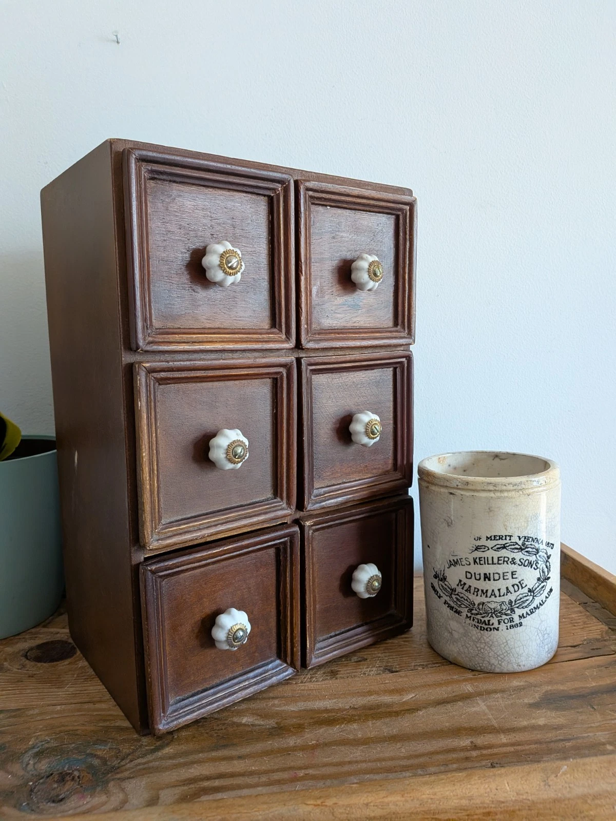 Wooden Spice Rack Chest 6 Ceramic Drawers Kitchen Organiser Craft Desk Top Decor