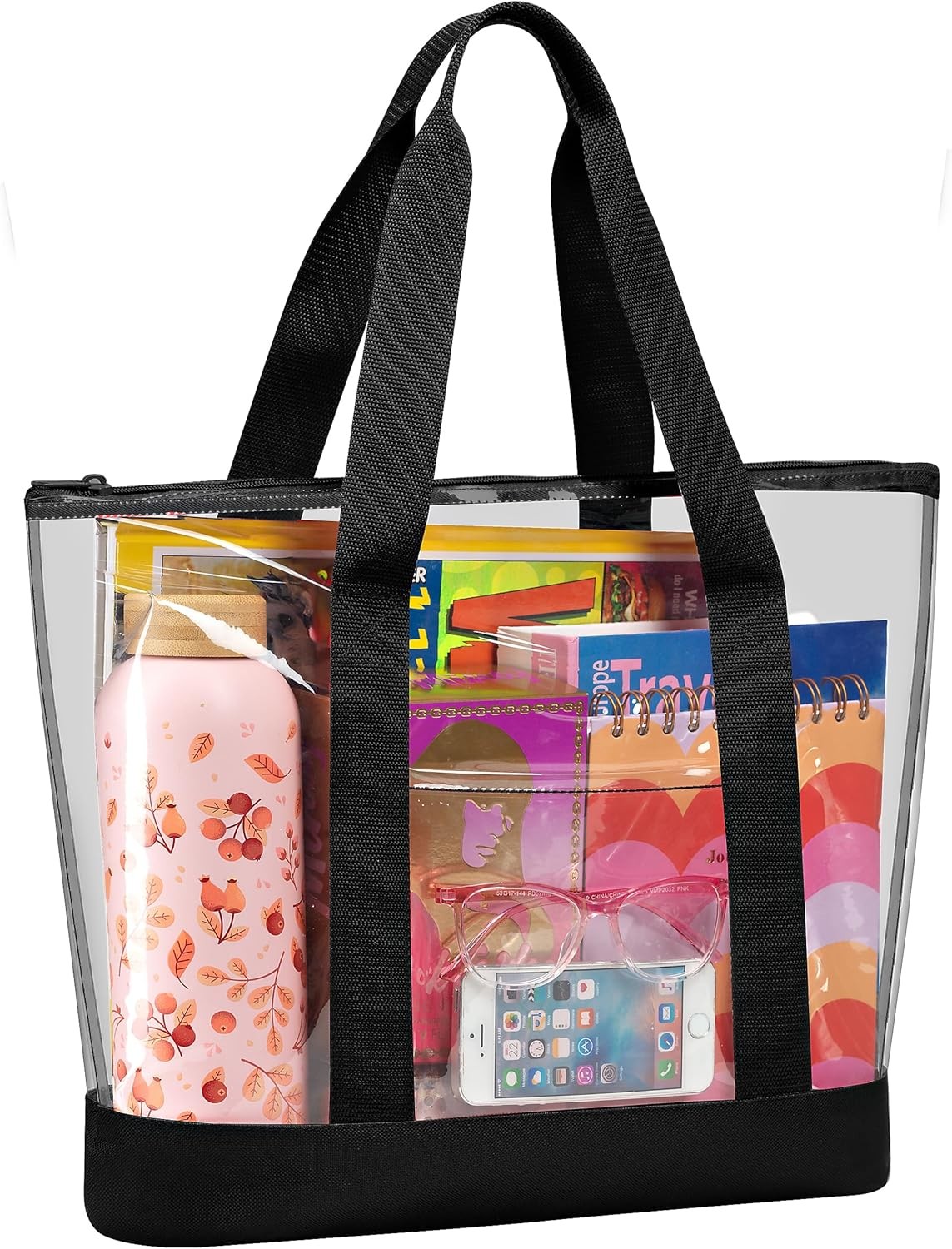 Handy Laundry Clear Tote Bag - Zipper Closure, Long Shoulder Strap, Fabric Trimm